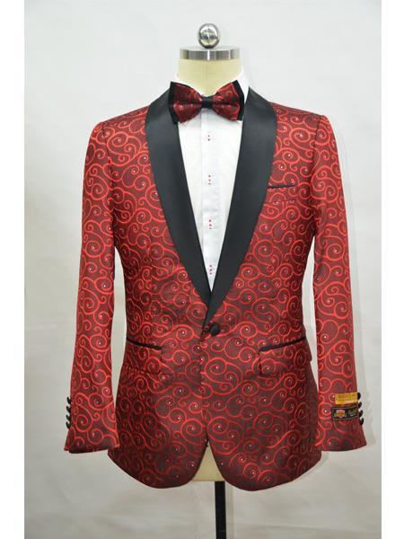 Style#-B6362 Men's Red ~ Black One Chest Pocket Four Button Cuff Floral Tuxedo - Red Tuxedo