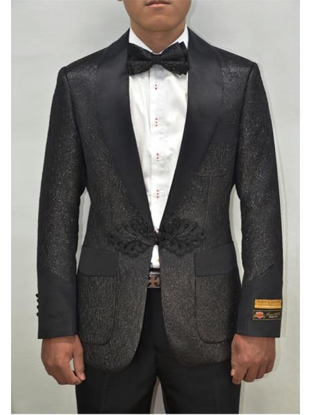 Men's Black Shiny Pattern Peak Lapel One Button Suit