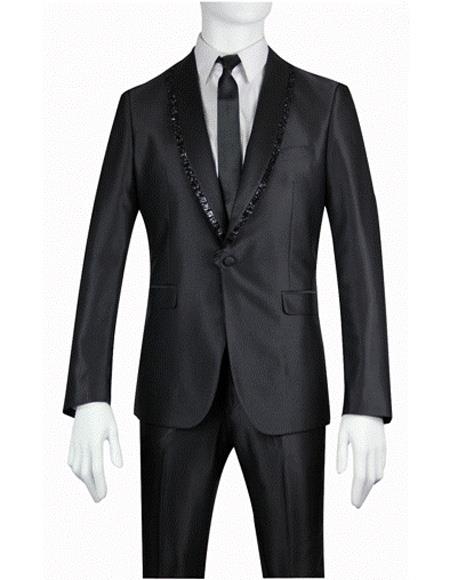 Men's Slim Fit 1 Button Shiny Sharkskin Shawl Suit - Tuxedo with Fancy Trim