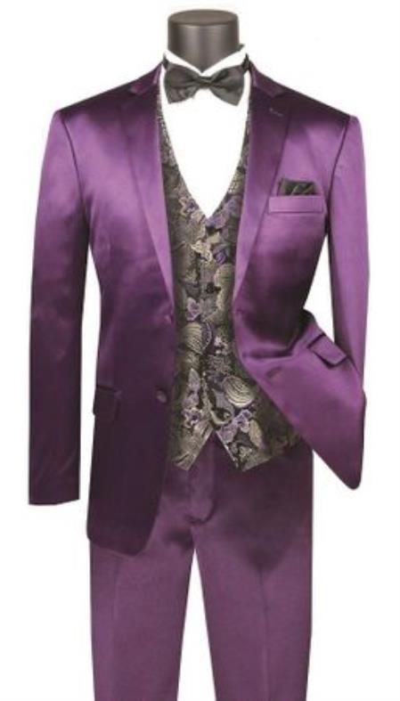 Men's Shiny Purple Slim Fit Suit No Vest - Jacket and Pants