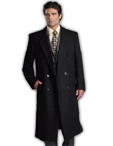 Men's Black Six Button Front Closure Big and Tall Long Men's Dress Topcoat