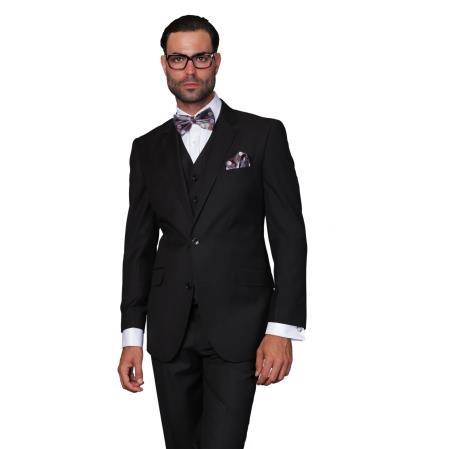 Men's Wool Solid Color 3-piece Suit Black