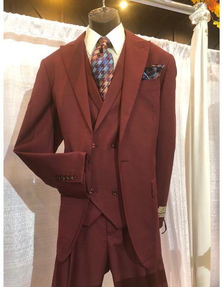 Classic Wool Suit 1 button With Double breasted Vest Pleated Pants Burgundy Suit