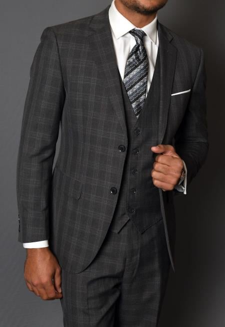 Charcoal Grey Gray Vested Three 3 Piece 100% Wool Windowpane Plaid Pattern Suit