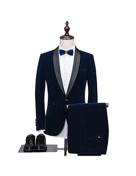 Blue Alberto Nardoni Men's Velvet Suit Shawl Collar Tuxdo Suit