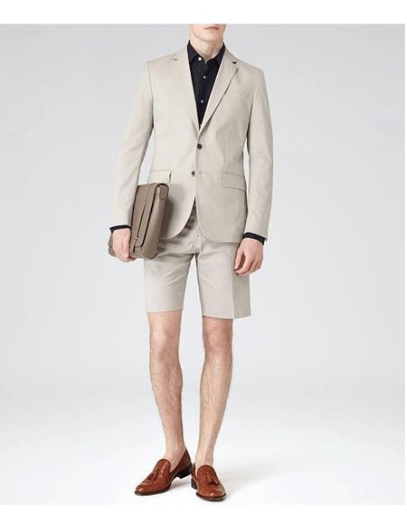 Men's Summer Business Suits With Shorts Pants Set  Tan