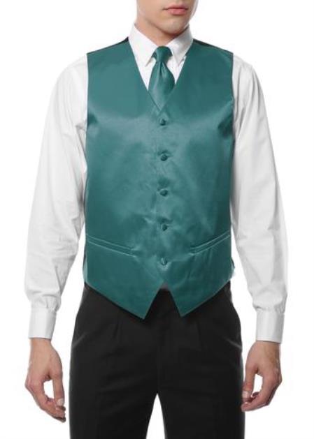 Men's 4PC Big and Tall Dress Tuxedo Wedding Vest ~ Waistcoat ~ Waist coat & Tie & Bow Tie and Hankie Teal