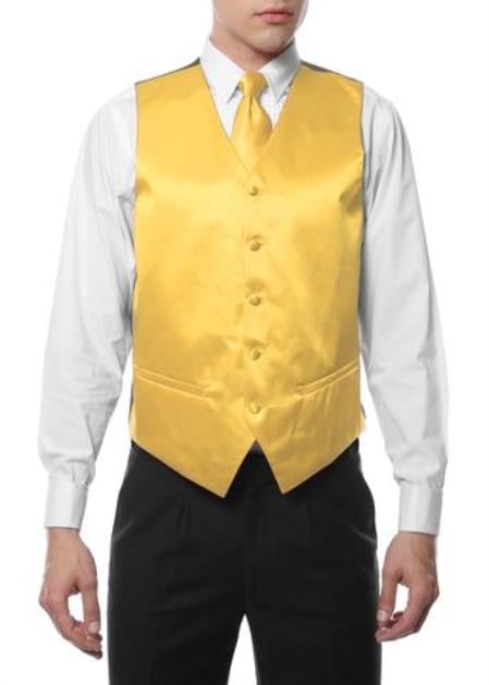 Men's 4PC Big and Tall Dress Tuxedo Wedding Vest ~ Waistcoat ~ Waist coat & Tie & Bow Tie and Hankie Yellow