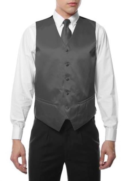 Men's 4PC Big and Tall Dress Tuxedo Wedding Vest ~ Waistcoat ~ Waist coat & Tie & Bow Tie and Hankie Gray