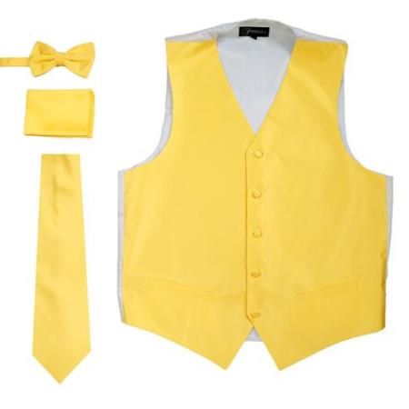 Men's Yellow Big and Tall Dress Tuxedo Four Piece Wedding Vest ~ Waistcoat ~ Waist coat & Tie & Bow Tie and Hankie 