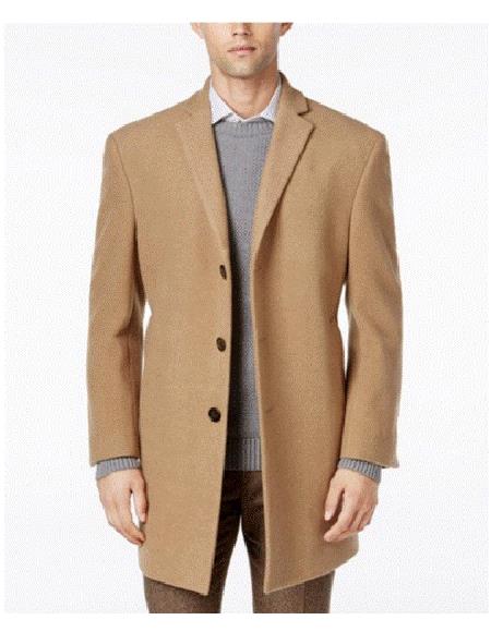 Men's Tan Three Button Wool Designer Men's Wool Men's Peacoat Sale Long Jacket Wool Men's Carcoat - Car Coat Mid Length Three quarter length coat