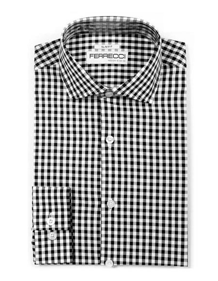 Men's Black 100% Cotton Button Closure Gingham Shirt - Checker Pattern - French Cuff