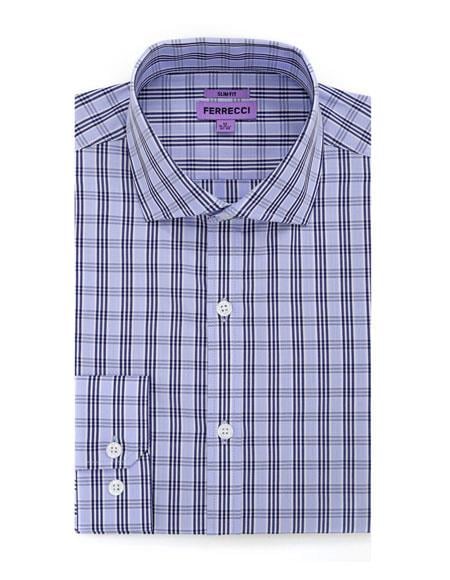 Blue Cotton Slim Fit Men's Dress Gingham Shirt - Checker Pattern - French Cuff - White Collared + Free Bowtie