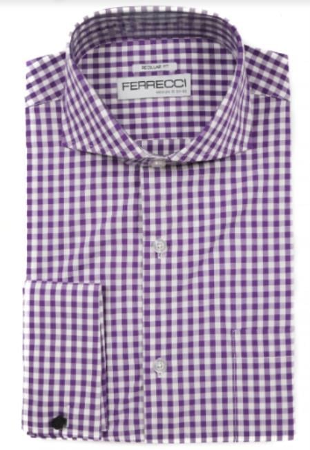 Cotton Slim Fit Purple Men's Dress Gingham Shirt - Checker Pattern - French Cuff