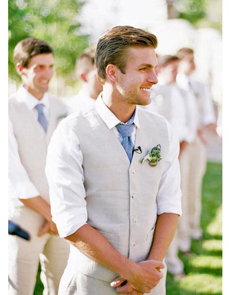 Men's Beige Flap Two Pockets Beach Wedding Attire Suit 