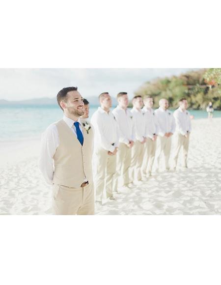 Men's Beige Four Button Beach Wedding Attire Menswear 