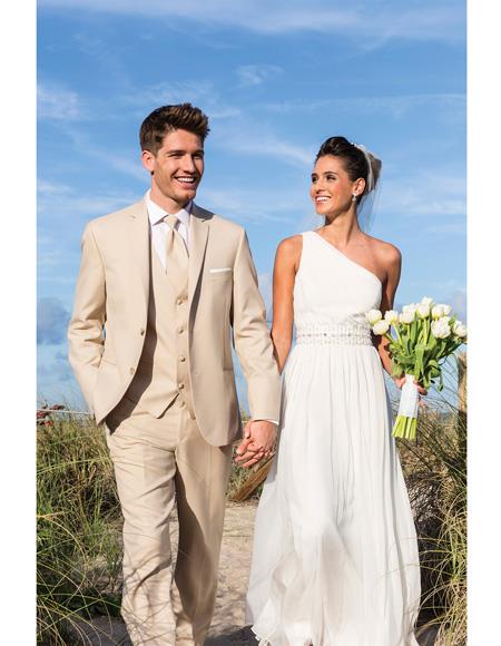 Men's Beige Besom Two Pockets Beach Wedding Attire Suit
