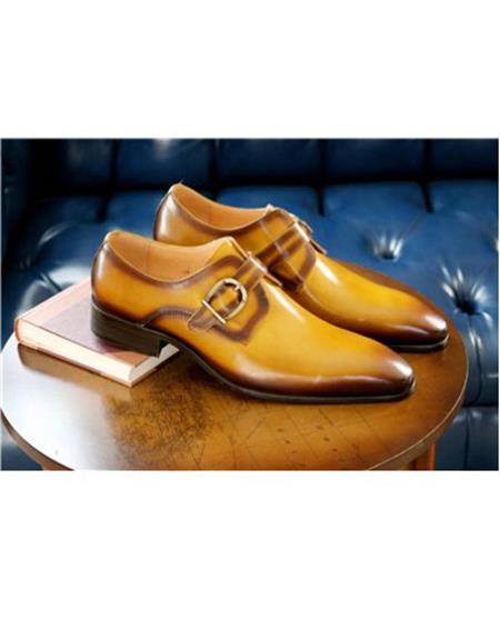 Men's Monkstrap Buckle Closure Tan Carrucci Shoe- Men's Buckle Dress Shoes