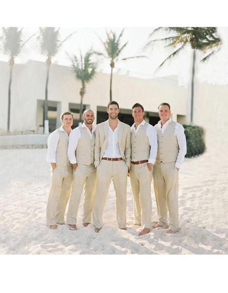 Men's Beige Two Button One Chest Pocket Beach Wedding Attire Suit