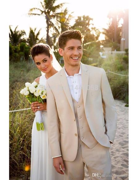 Men's Beige One Chest Pocket Beach Wedding Attire Suit