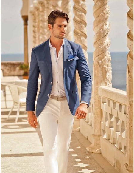 Men's Blue One Chest Pocket Beach Wedding Attire Suit