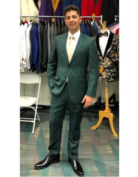 Men's Green Two Button  Flap Front Pockets Suit