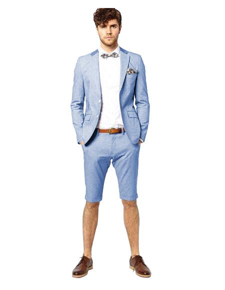Mens Short Pants Suit Set Mens Tow Light Blue Button Suit For Men