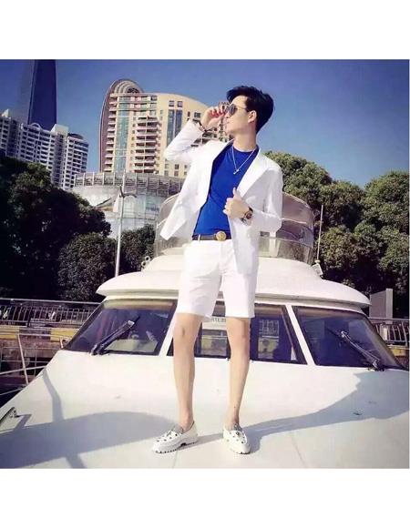 Men's  Summer Business Suits With Shorts Pants Set (Sport Coat Looking) White