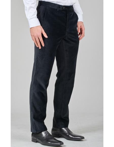 Men's Flat Front Pant Black Belt Loops Regular Fit Velvet Fabric 