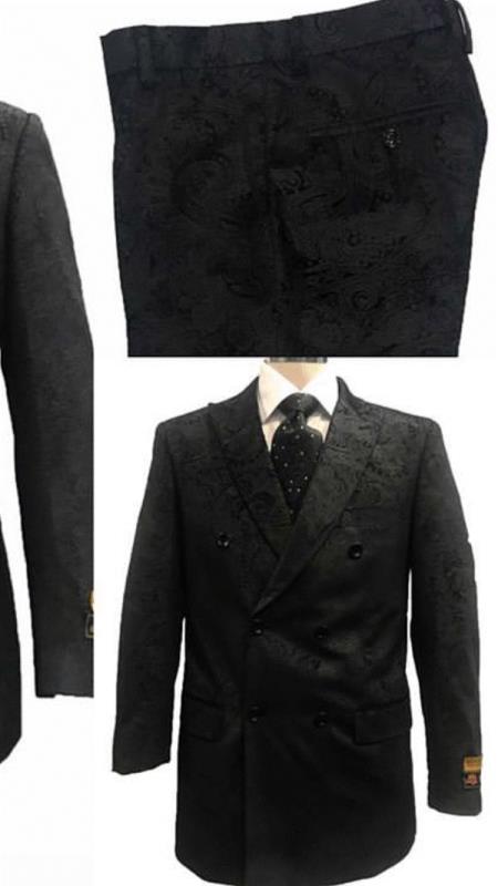 Men's Black Paisly Paisley Double Breasted Suits Velvet Suit