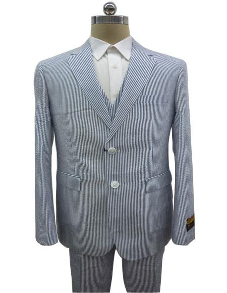Men's Notch Label Dark Navy Colour Summer Seersucker Fabric Vested 3 Piece Suit
