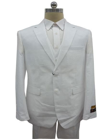 Men's  Notch Label White Colour Summer Seersucker Fabric Vested 3 Piece Suit