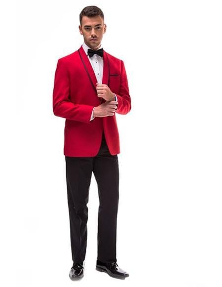 Men's Red and Black  Trimmed Shawl Lapel Suit