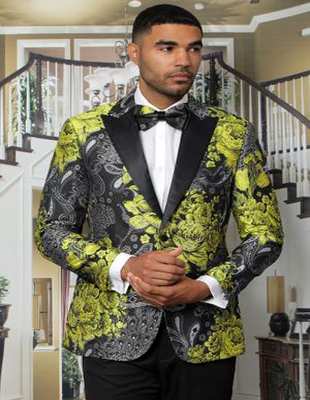 Style#-B6362 Men's Paisley Yellow ~ Gold And Black Floral Tuxedo Jacket + Matching Bow Tie 