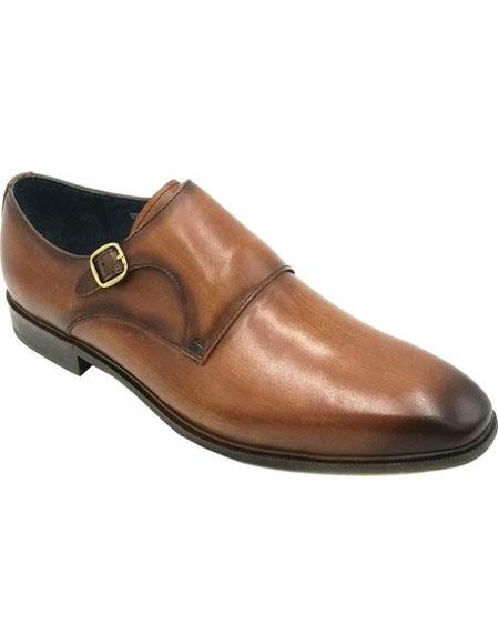 Men's One Buckle Closure Plain Toe Single Monkstrap  Premium Leather Brown- Men's Buckle Dress Shoes