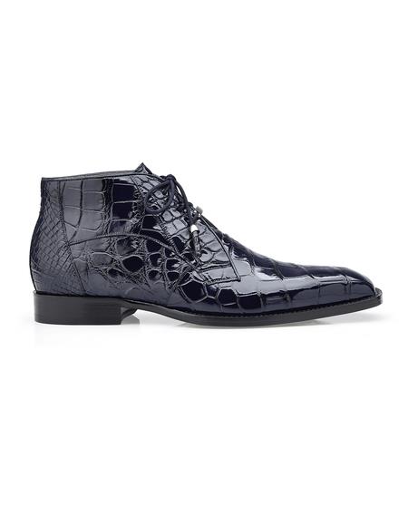Mens Crocodile Boots - Ankle Boot Authentic Genuine Skin Italian Men's Navy Blue Alligator Dress Boots Stefano