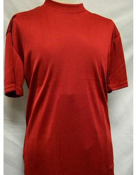 Men's Red Mock Neck Short Sleeve Poly/Rayon Shirts 