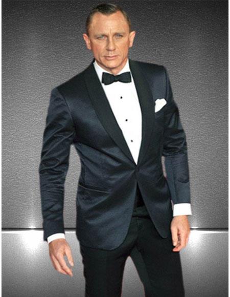 Mens Black Besom Front Pockets One Button James Bond Tuxedo