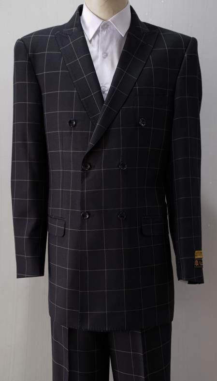 Men's Double Breasted Suits Black Plaid Window Pane Wool Fabric
