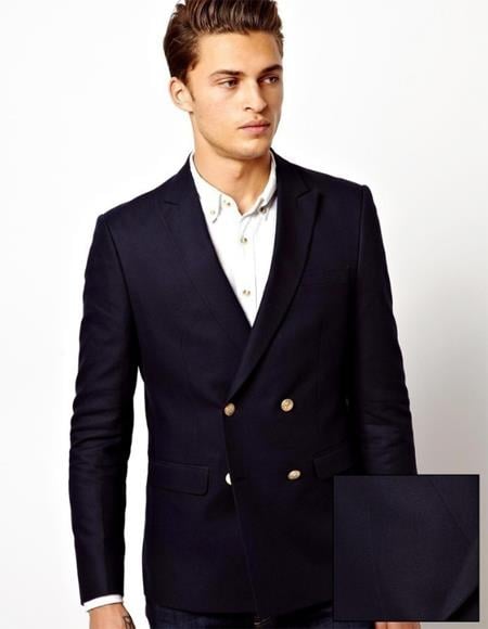 Men's Four Button Solid Navy Men's Double Breasted Suits Jacket Blazer