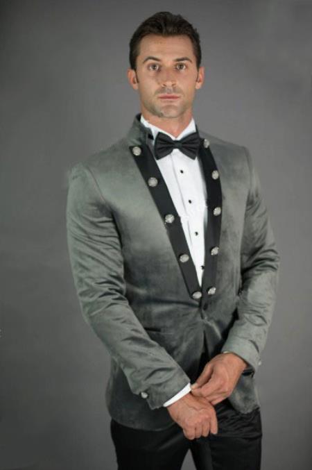 Style#-B6362 Men's Peak Lapel Slim Fit Grey Velvet Jacket