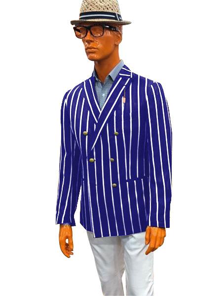 Men's Double Breasted With Brass Buttons Bold Stripe Blazer Sport Coat