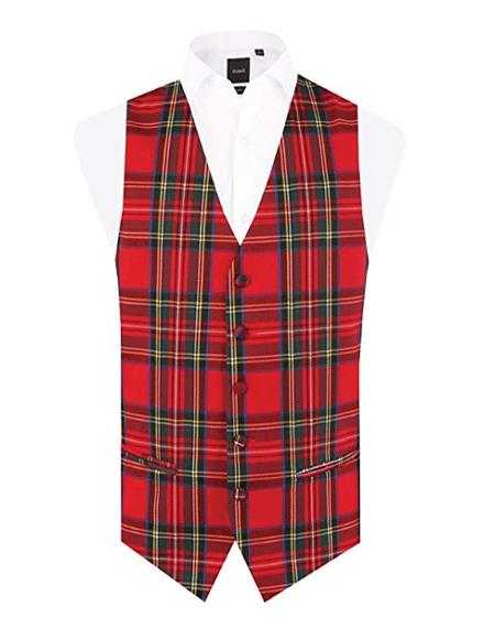 Men's Red Tartan - Plaid Vest Regular Fit 5 Button Waistcoat