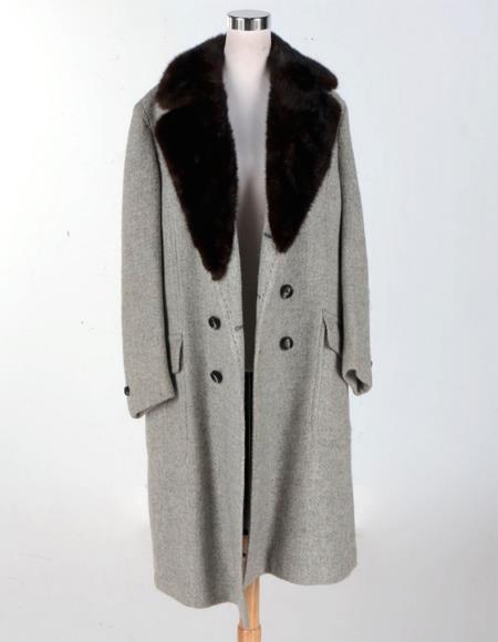 Mens Grey Wool Coat with Mink Fur Collar