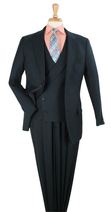 Apollo King Men's 3pc 100% Wool Classic Fit Suit - Double Breasted Vest Pleated Pants Solid Green Apollo King Suit