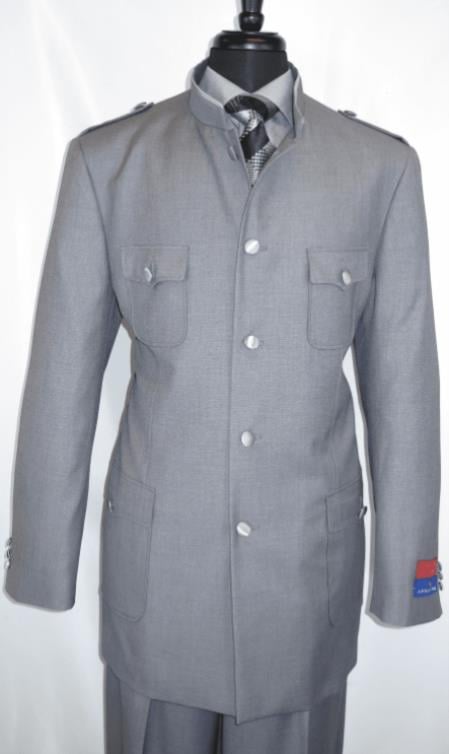 Apollo King Suit Safari Style Banded Collar Military Style Suit Pleated Pants Strap Shoulder Lt Grey