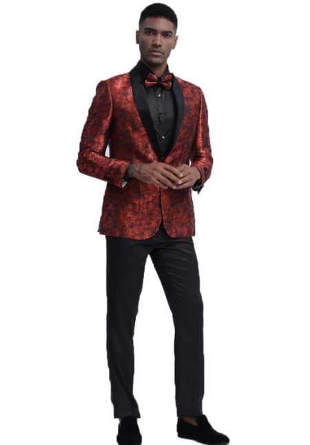 Red Floral Pattern One Chest Pocket Shawl Lapel Suit