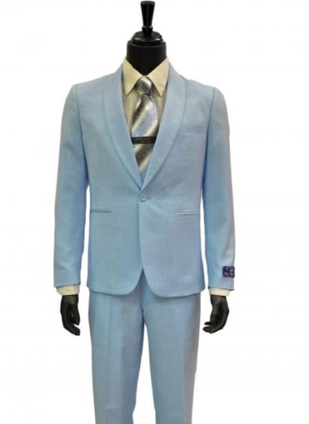 Men's Powder Blue One Button  2Pc Slim Fit Linen Look Suit
