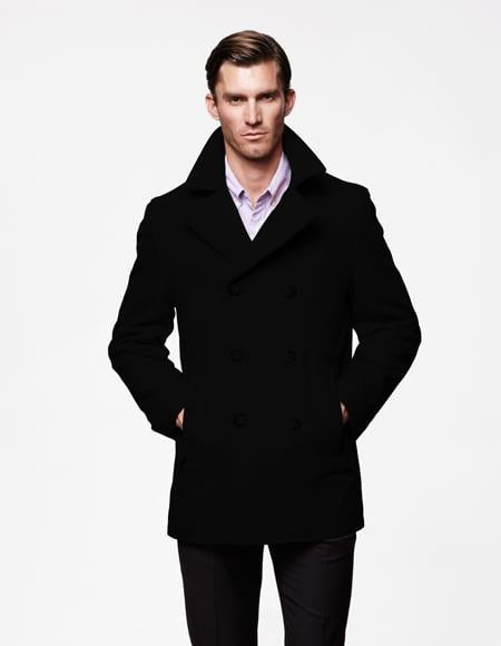 Men's Black Six Button Double Breasted Cheap Priced Mens Wool Peacoat Jacket