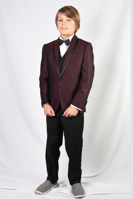  Men's Burgundy Solid Pattern Suit and Pants And Vest